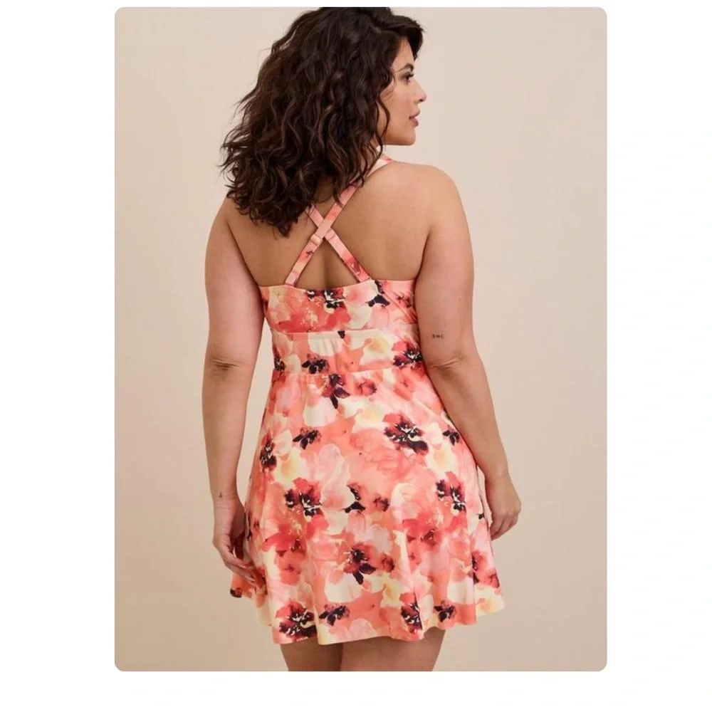 NWT TORRID Wireless Long Lattice Front Swim Dress With Brief swimsuit